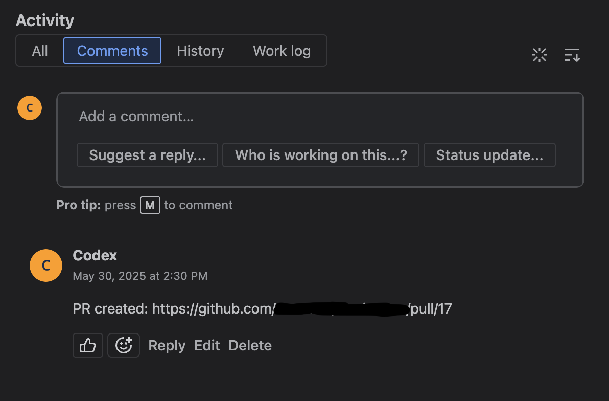 Jira comment with PR link